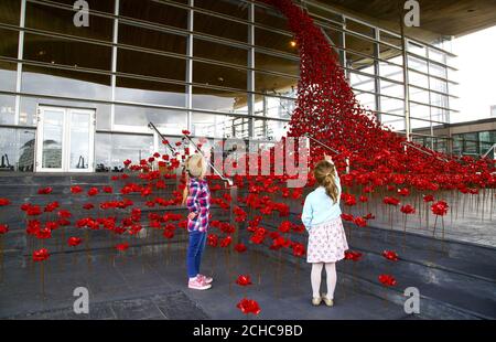 USO EDITORIALE SOLO Ruby e Grace, entrambi di 4 anni e da Cardiff, guardare Weeping Window a Y Senedd, l'Assemblea Nazionale per il Galles a Cardiff, che è da l'installazione papavero sangue spazzato Terre e Seas di Rosso creato dall'artista Paul Cummins e designer Tom Piper. Foto Stock