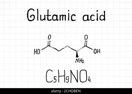 Formula chimica di scrittura a mano di acido glutammico. Primo piano. Foto Stock