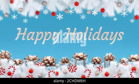Buone feste saluti su sfondo blu di Natale con scatole regalo e rami di abete con decorazioni. Rendering 3D. Foto Stock