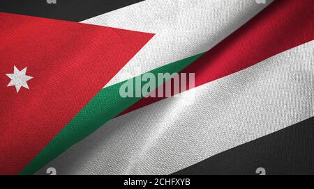Jordan e Yemen due bandiere tessuto tessuto, tessuto Foto Stock