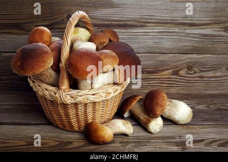 Funghi boletus su sfondo di legno. Funghi autunnali. Cibo Gourment Foto Stock