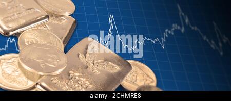 Monete d'oro e barre con tabella dei prezzi. Concetto di investimento/mercato Foto Stock