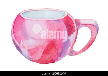 Bella tazza dipinta rosso acquerello per tè o caffè isolato su sfondo bianco Foto Stock