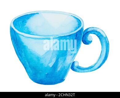 Bella tazza dipinta blu acquerello per tè o caffè isolato su sfondo bianco Foto Stock