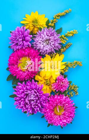 Un bouquet di fiori, cartolina floreale blu con cerotti viola e margherite gialle selvatiche. Decorazione per le vacanze. Biglietto d'auguri natalizio, sfondi. Ancora l Foto Stock