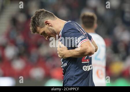 Alessandro FLORENZI (PSG) ha reagito durante il campionato francese Ligue 1 Partita di calcio Uber mangia tra Parigi Saint-Germain e Olympique de Marsiglia Foto Stock