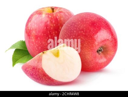 Frutti isolati. Due mele rosa intere e una fetta isolata su sfondo bianco Foto Stock