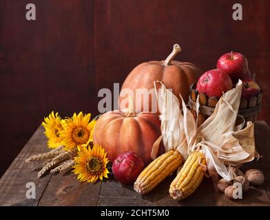 Fallo ancora vita con zucche, corna e mele sullo sfondo di una vecchia parete di legno con spazio per la copia del testo. Foto Stock