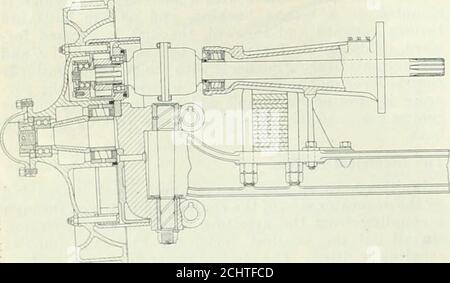 . Industrie automobilistiche . ls sono utilizzati su tutti i modelli. I telai sono in acciaio pressato ad apertura di sezione di canale e sono tutti heattreated per aumentare la resistenza alla trazione e il limite elastico del metallo. Gli ingranaggi dello sterzo sono tutti di G. M. C. dissign e di fabbricazione e sono di tipo a vite senza fine e spaccato nu£. Sono irreversibili e regolabili, l'ingranaggio essendo ancorato in una staffa rivettata al telaio etrattenuto rigidamente da una piastra e colonna pesanti dove passa attraverso le tavole del pavimento. Una trazione anteriore LA caratteristica più interessante di ogni veicolo a quattro ruote motrici è la disposizione della dri anteriore Foto Stock