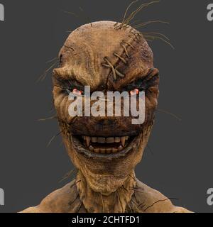 brutto scarecrow sorridendo da vicino, illustrazione 3d Foto Stock