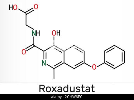 Molecola di Roxadustat. È un inibitore della prolil idrossilasi, stimola la produzione di emoglobina e globuli rossi. Formula chimica scheletrica. Illustrat Foto Stock