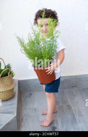 Il ragazzo tiene UNA pianta nelle sue braccia nel giardino domestico. Foto Stock