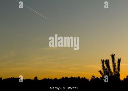 sunrise sky plane trail silhouette Foto Stock