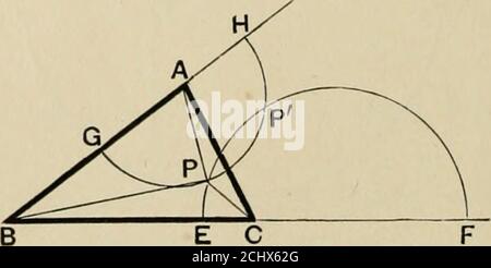 . I principi della geometria proiettiva applicati alla linea retta e alla porta conica OFP rispetto ad un terzo cerchio, il cerchio ortogonale deve essere similmente ortogonale al terzo cerchio. Quindi il locus di P per i coniugati di tre cerchi è il cerchio ortogonale comune dei tre cicli. Questo cerchio ha il suo centro nel punto di intersezione dei tre assi radicali e raggio uguale alle tangenti da questo punto ai cerchi. Poiché ogni cerchio determina sulla linea all'infinito la sameinvoluzione, ogni punto sulla linea all'infinito ha le stesse coniugazioni rispetto alla Th Foto Stock