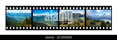 Paesaggi del lago di Como su striscia di film isolata su sfondo bianco Foto Stock