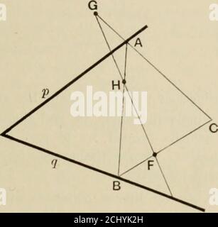 . I principi di geometria proiettiva applicati alla linea retta e alle cui coniche sono linee rette; (2) i problemi correlativi in cui gli inviluppi di linee rette sono punti; (3) problemi che hanno soluzioni uniche. Il metodo generale per risolvere le domande che rientrano nella rubrica(1) consiste nell'ottenere i punti del luogo richiesto come punti di intersezione di raggi corrispondenti di due matite proiettive. Quindi, se si può dimostrare che le matite sono anche in prospettiva, la locusis richiesta è una linea retta. Problemi del primo grado 121 problemi che vengono sotto la testa Foto Stock