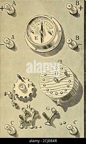 . Un trattato pratico sull'elettrodiagnostica nelle malattie del sistema nervoso. Alvaniccurrent appena enumerato, sono assolutamente essenziali per il prac-tice dell'elettrodiagnostica. Tutte queste, tuttavia, sono rarelypresent nelle batterie ordinarie fornite per le posi mediche; ho quindi costruito un elemento che contiene tutte queste necessità, e possiede anche altre comodità (fig. 1). Questo è disposto in un formato portatile e può essere facilmente fissato a qualsiasi batteria. A questo si hanno fili fissi sia dall'apparato faradico che galvanico, e bymati di un interruttore, uno o l'altro del curr Foto Stock