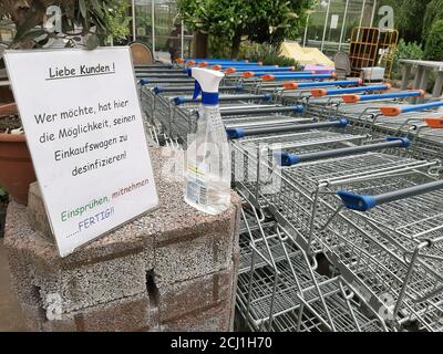 Desinfection accanto al carrello di fronte ad un supermercato, Germania Foto Stock