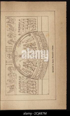 . Storia della pittura in Italia dal secolo II al secolo XVI. Da codestopf^^lk Pontefice fatti eseguire in Santa Prassede sullEsquilino,nei quali risconti stessi caratteri degli ultimiaminati. Nel mezzo dellarco trionfale vedesi Gerusa-lemme, il Redentore è nel centro fra due Angeli, collasinistra tiene il globo sormontato dalla croce, e con ladestra è in atto di benedire. Allintorno gli vengono daciascuna parte nove Santi che gli offrono il corone. Ailati poi delle due porte stanno alcuni Angeli, seguiti dauna molitudine di fedeli, che mostano di incorrizzarsicon le loro offerte v Foto Stock