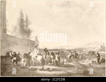 . Gemälde ALTER meister die nachgelassene privatsammlung des Herrn Eduard Hirschler . N. ii.. N. 15. R. van D.K. datirt [653. 11. RAST während der Falkenjagd. Ein Edelmann zu Pferd, den Falkenauf der Faust, im Gespräche mit einem Mann, welcher nebst Jagdbeuteeine lüde auf einer Stange trägt, daneben zwei Windhunde. - Rechtsvorne sitzt eine junge Dame mit einem Hunde spielend, hinter ihrein Knappe, welcher ihr Pferd am Zaume hält, weiter hinten ein Hausund eine Ruine. Links ruhende Thiere. Ueber diesen bisher gänzlich unbekannten Meister konnten wir keinerlei Lebensumständein Erfahrung bri Foto Stock