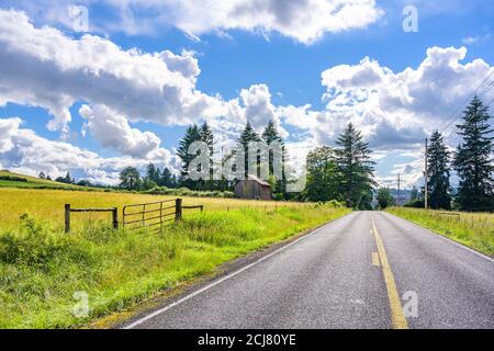 Paesaggio rurale estivo con vecchio fienile di legno rickety in piedi sotto alberi alti al bordo di un prato recintato con erba verde lussureggiante e cielo nuvoloso Foto Stock