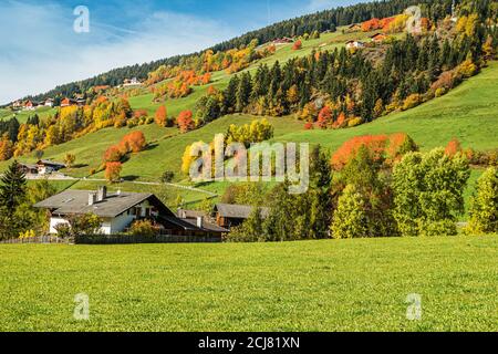 Inizio autunno nel villaggio di Santa Magdalena, nel nord Italia, sulle pendici delle Dolomiti nella valle della Val di Funes. Foto Stock