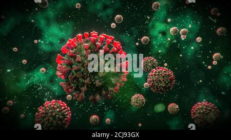 Rosso COVID-19 molecole di Coronavirus su sfondo verde - virus dell'influenza Celle seconda onda - Pandemic focolaio copertura Foto 3D Illustrazione Foto Stock