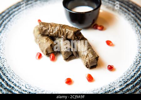 Deliziosa dolma sarma con vitello e bulgur. Carne di vitello con bulgur avvolto in foglie d'uva. Servito con salsa bianca. Cena. Turco greco medio orientale cucina. Foto Stock