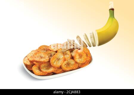 Cialde fritte, chip o wafer Kela o Banana sani, disidratati, cucina Kerala fritta in olio, fette di Banana trasformandosi in chip Foto Stock