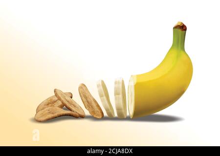 Cialde fritte, chip o wafer Kela o Banana sani, disidratati, cucina Kerala fritta in olio, fette di Banana trasformandosi in chip Foto Stock