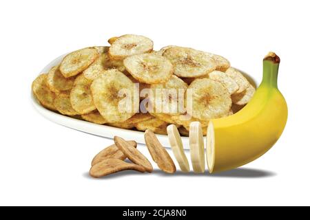 Cialde fritte, chip o wafer Kela o Banana sani, disidratati, cucina Kerala fritta in olio, fette di Banana trasformandosi in chip Foto Stock