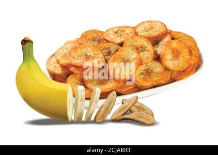 Cialde fritte, chip o wafer Kela o Banana sani, disidratati, cucina Kerala fritta in olio, fette di Banana trasformandosi in chip Foto Stock