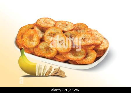Cialde fritte, chip o wafer Kela o Banana sani, disidratati, cucina Kerala fritta in olio, fette di Banana trasformandosi in chip Foto Stock