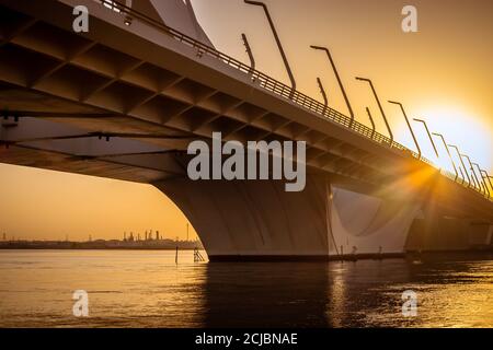 Sheikh Zayed Bridge al mattino, Abu Dhabi, Medio Oriente, Emirati Arabi Uniti. Foto Stock