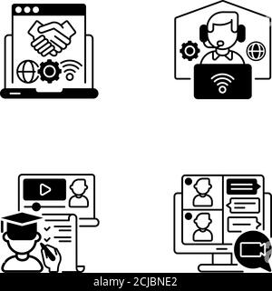 Set di icone lineari nere per la comunicazione online Illustrazione Vettoriale