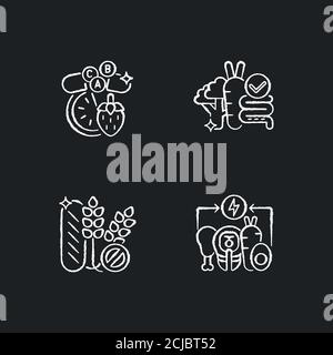 Gruppi alimentari gesso bianco icone set su sfondo nero Illustrazione Vettoriale