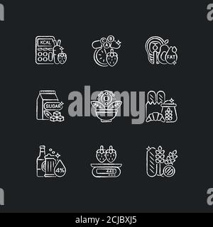 Alimenti per nutrimento gesso bianco icone set su sfondo nero Illustrazione Vettoriale