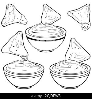 Ciotole di salsa di guacamole all'avocado, salsa di pomodoro, salsa di formaggio e nachos chips. Pagina da colorare in bianco e nero Foto Stock