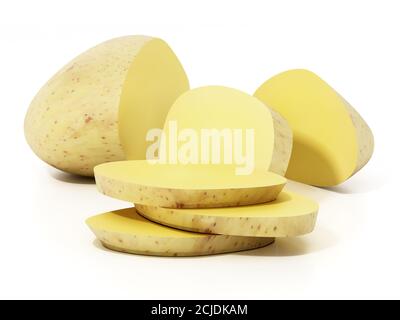 Patate crude a fette isolate su sfondo bianco. Illustrazione 3D. Foto Stock