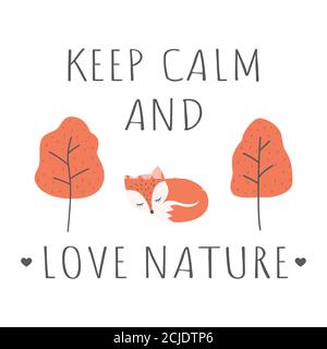 Il design della T-shirt mantiene la calma e ama la natura. Cartoni e cartoni animati in autunno, slogan per poster o tessuti. Illustrazione Vettoriale