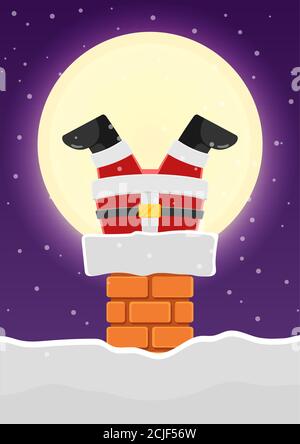 Babbo Natale bloccato nel camino sul tetto innevato. Allegro sfondo del biglietto di auguri di Natale. Illustrazione Vettoriale