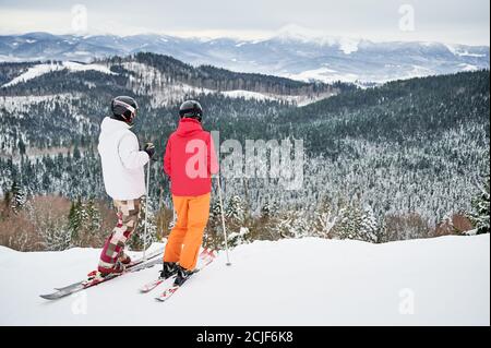 Due amici che indossano abiti da sci e attrezzature da sci si trovano in montagna d'inverno godendo di tempo innevato, sci e paesaggi incredibili. Vista posteriore, spazio per la copia. Concetto di sport invernali Foto Stock