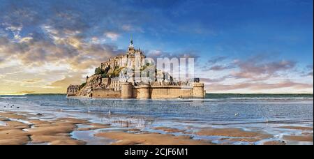 Vista panoramica dell'isola marea di Mont Saint Michel in alta marea circondata e la sua abbazia medievale di Saint Michel. Normandia Francia. Le maree variano Foto Stock