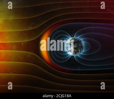 Il campo magnetico del pianeta Terra contro il vento solare del Sole Foto Stock
