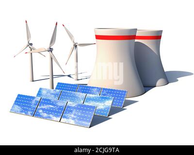 L'energia alternativa 3d concetto - Wind power station centrale nucleare e pannelli solari contro uno sfondo bianco 3D render Foto Stock