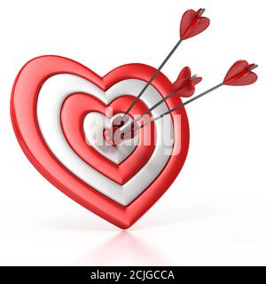 bersaglio a forma di cuore con la freccia al centro isolata illustrazione 3d bianca Foto Stock