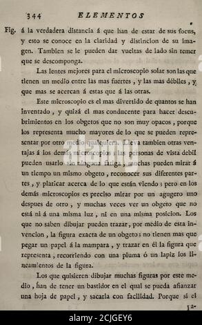 "Elementos de Matematica", dell'architetto e matematico spagnolo dell'Illuminismo Benito Bails (1730-1797). Pagina del volume VI, che riguarda gli elementi dell'ottica. Pubblicato a Madrid, 1781. Foto Stock