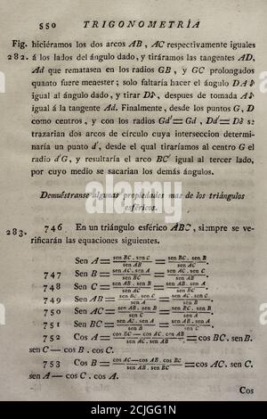 "Elementos de Matematica", di Benito Bails (1730-1797), architetto e matematico spagnolo dell'Illuminismo. Pagina con calcoli trigonometrici. Volume III, che riguarda elementi di sezioni coniche, elementi di calcolo infinitesimale e trigonometria sferica. Pubblicato a Madrid, 1779. Foto Stock