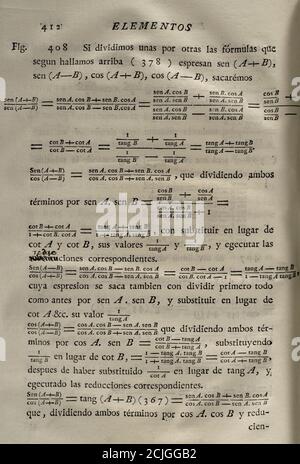 "Elementos de Matematica", di Benito Bails (1730-1797), architetto e matematico spagnolo dell'Illuminismo. Pagina con calcoli algebrici. Volume II, che riguarda gli elementi dell'algebra. Pubblicato a Madrid, 1779. Foto Stock