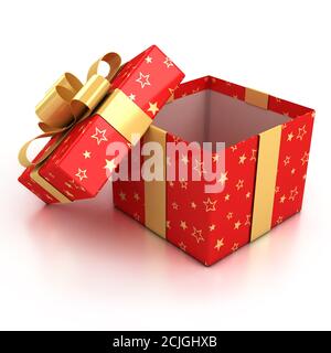 aprire la confezione regalo rossa con il nastro dorato su sfondo bianco illustrazione 3d Foto Stock